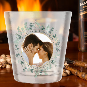 Moderne foto Eucalyptus gepersonaliseerde bruiloft Shot Glas