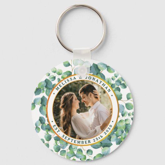 Moderne foto Eucalyptus groen gouden bruiloft Sleutelhanger (Voorkant)