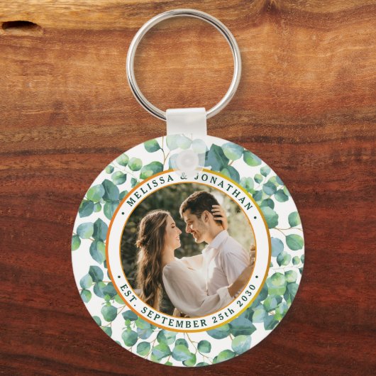 Moderne foto Eucalyptus groen gouden bruiloft Sleutelhanger (Voorkant)