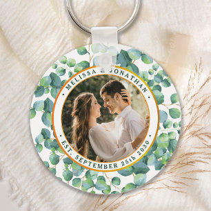 Moderne foto Eucalyptus groen gouden bruiloft Sleutelhanger