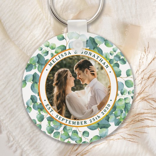 Moderne foto Eucalyptus groen gouden bruiloft Sleutelhanger