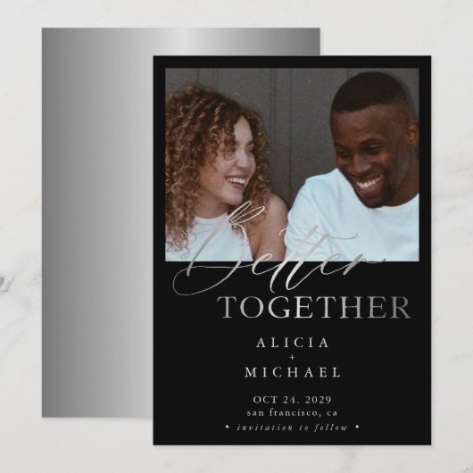 Moderne foto faux zilver script eenvoudige bruilof save the date (Voorkant / Achterkant)