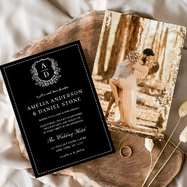 Moderne Foto Floral Crest Monogram Huwelijk Formee Kaart