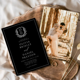 Moderne Foto Floral Crest Monogram Huwelijk Formee Kaart