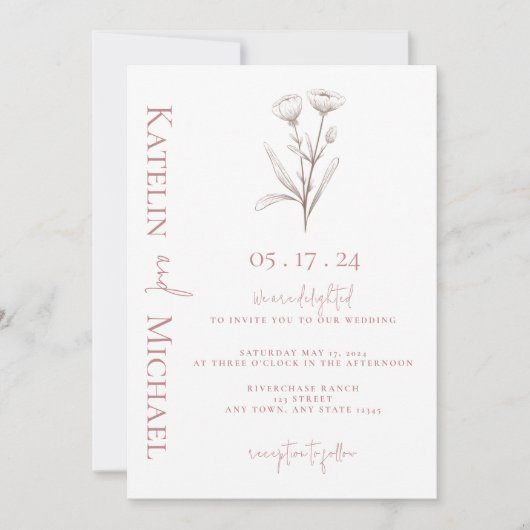 Moderne foto Floral Mauve bruiloft Kaart (Voorkant)