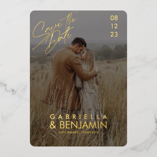 Moderne foto-Folie bruiloft bewaart de datum-Kaart Folie Uitnodiging (Voorkant)