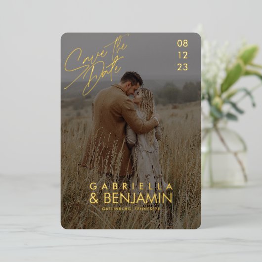 Moderne foto-Folie bruiloft bewaart de datum-Kaart Folie Uitnodiging (Staand Voorkant)
