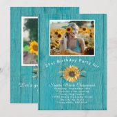 Moderne foto Geel Zonnebloem Blauwgroen Blauw hout Kaart (Voorkant / Achterkant)