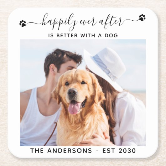 Moderne foto, gelukkig ooit na hondenweduwschap kartonnen onderzetters (Voorkant)