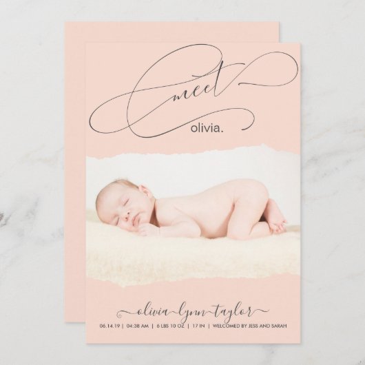 Moderne foto gescheurde papierraam geboorteaankond kaart (Voorkant / Achterkant)