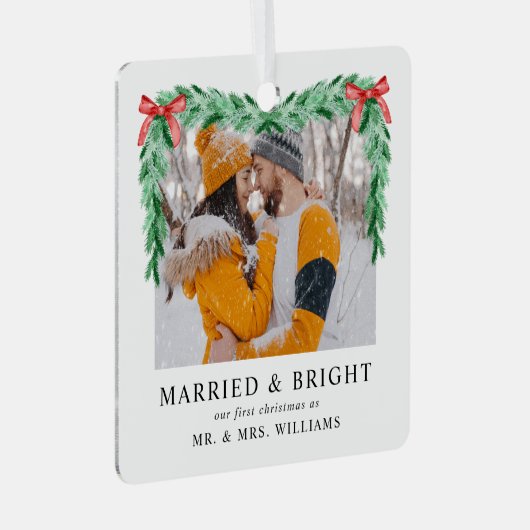 Moderne foto Getrouwd & Bright Christmas Pas getro Metalen Ornament (Voorkant Rechts)