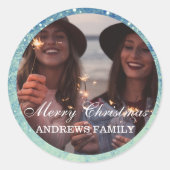 Moderne foto Glitter Merry Kerstmis Classic Rou Ronde Sticker (Voorkant)