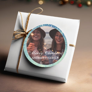 Moderne foto Glitter Merry Kerstmis Classic Rou Ronde Sticker