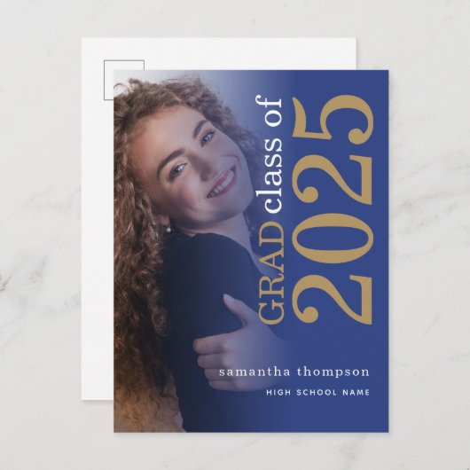 Moderne foto Gold Blue 2025 Afstuderen Aankondigingskaart (Voorkant / Achterkant)