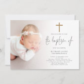 Moderne foto Goud Glitter Cross Doop Kaart (Voorkant)