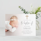 Moderne foto Goud Glitter Cross Doop Kaart (Staand voorkant)