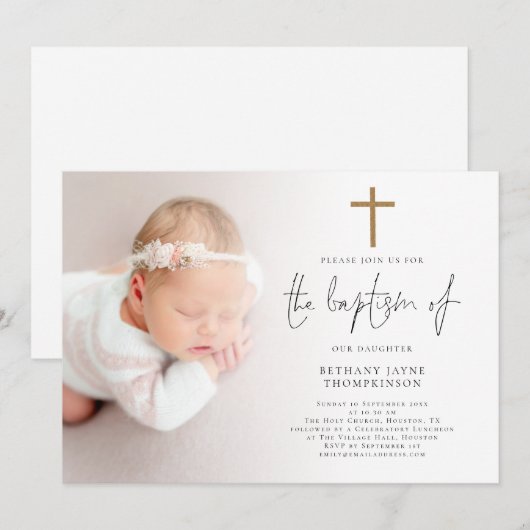 Moderne foto Goud Glitter Cross Doop Kaart (Voorkant / Achterkant)