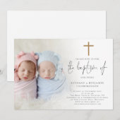 Moderne foto Gouden Kruis Tweelingen Doop Kaart (Voorkant / Achterkant)