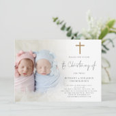 Moderne foto Gouden Kruis Twins doopuitnodiging Kaart (Staand voorkant)