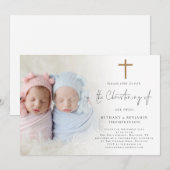 Moderne foto Gouden Kruis Twins doopuitnodiging Kaart (Voorkant / Achterkant)