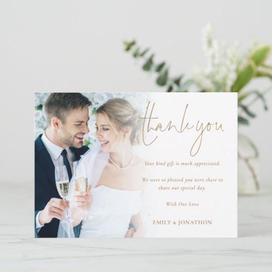 Moderne foto Gouden Script Bruiloft Dank u Kaart (Staand voorkant)