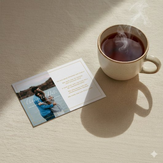 Moderne foto, gouden tekst verandert de datumkaart bedankkaart