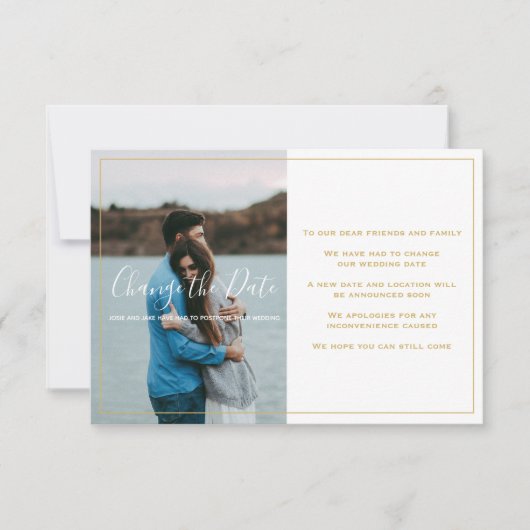 Moderne foto, gouden tekst verandert de datumkaart bedankkaart (Voorkant)