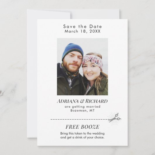 Moderne foto gratis Booze Coupon Weddenschap  Save The Date (Voorkant)