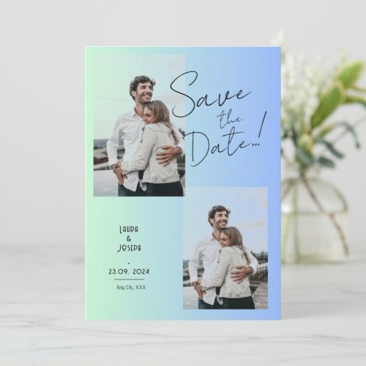 Moderne foto groen blauw verloop opslaan de datum kaart (Staand voorkant)