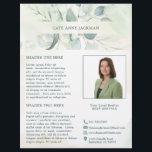 Moderne foto groen eucalyptus elegant rustiek flyer<br><div class="desc">Elegante zakenflyer met jouw naam tussen een boven- en ondergrens van eucalyptusbladeren en groen met een vleugje blauw, over een pastel waterverf wassen. Gebruik de sjabloon om je foto en bio toe te voegen. Deze rustieke stijl flyer is geweldig voor een nieuwe makelaar / makelaar om uit te vallen als...</div>
