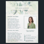 Moderne foto groen eucalyptus elegant rustiek flyer<br><div class="desc">Elegante zakenflyer met jouw naam tussen een boven- en ondergrens van eucalyptusbladeren en groen met een vleugje blauw, over een pastel waterverf wassen. Gebruik de sjabloon om je foto en bio toe te voegen. Deze rustieke stijl flyer is geweldig voor een nieuwe makelaar / makelaar om uit te vallen als...</div>