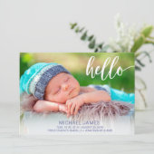 Moderne foto Hallo Script Stripe Baby Boy Birth Aankondiging (Staand voorkant)