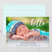 Moderne foto Hallo Script Stripe Baby Boy Birth Aankondiging (Voorkant / Achterkant)