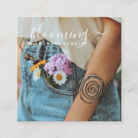 Moderne foto handgemaakte sieraden script sociale  vierkante visitekaartje (Voorkant)