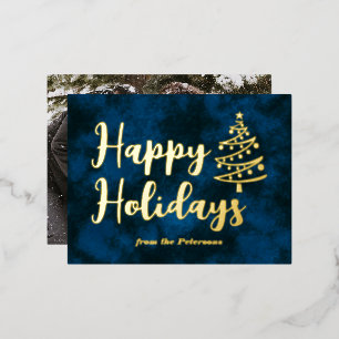Moderne foto Happy Holiday Tree Blue Gold Folie Feestdagen Briefkaart