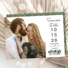 Moderne foto huwelijksaankondiging met boom-icoont save the date