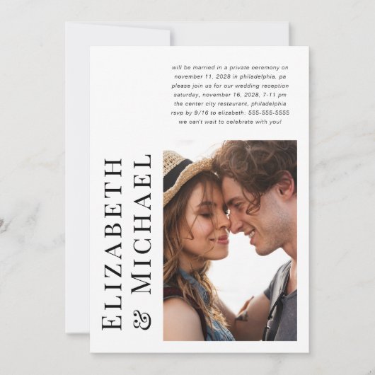 Moderne foto-huwelijksontvangst na een elopement kaart (Voorkant)