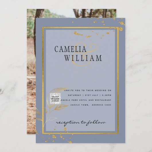 Moderne FOTO Huwelijksuitnodiging QR CODE RSVP Bla Kaart (Voorkant / Achterkant)