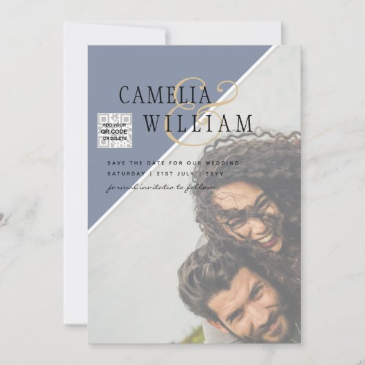 Moderne FOTO Huwelijksuitnodiging QR CODE RSVP Bla Kaart (Voorkant)