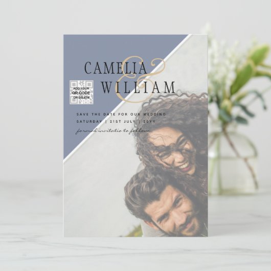 Moderne FOTO Huwelijksuitnodiging QR CODE RSVP Bla Kaart (Staand voorkant)