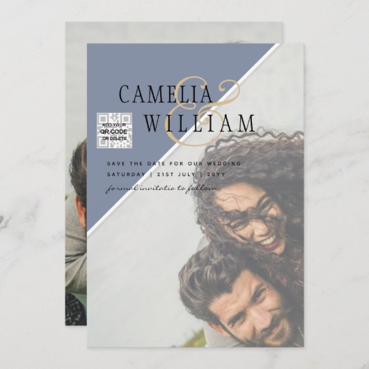 Moderne FOTO Huwelijksuitnodiging QR CODE RSVP Bla Kaart (Voorkant / Achterkant)