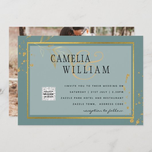 Moderne FOTO Huwelijksuitnodiging QR CODE Rsvp Gro (Voorkant / Achterkant)