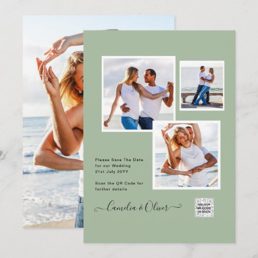 Moderne FOTO Huwelijksuitnodiging QR CODE Rsvp Gro Kaart (Voorkant / Achterkant)