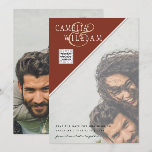 Moderne FOTO Huwelijksuitnodiging QR CODE RSVP Kan Kaart (Voorkant / Achterkant)