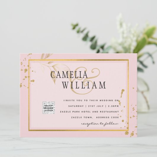 Moderne FOTO Huwelijksuitnodiging QR CODE RSVP Roz (Staand voorkant)