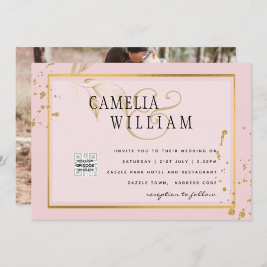 Moderne FOTO Huwelijksuitnodiging QR CODE RSVP Roz (Voorkant / Achterkant)