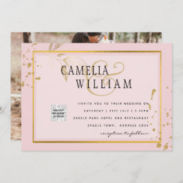 Moderne FOTO Huwelijksuitnodiging QR CODE RSVP Roz