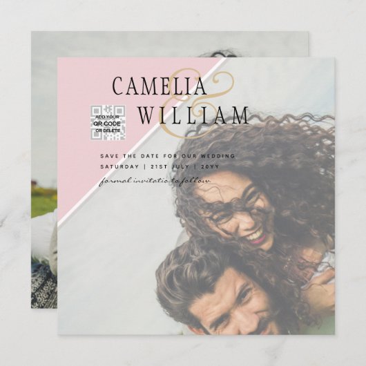 Moderne FOTO Huwelijksuitnodiging QR CODE RSVP Roz (Voorkant / Achterkant)
