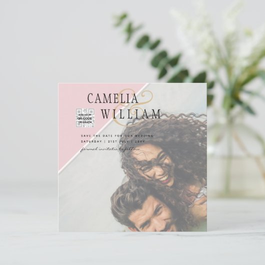 Moderne FOTO Huwelijksuitnodiging QR CODE RSVP Roz (Staand voorkant)