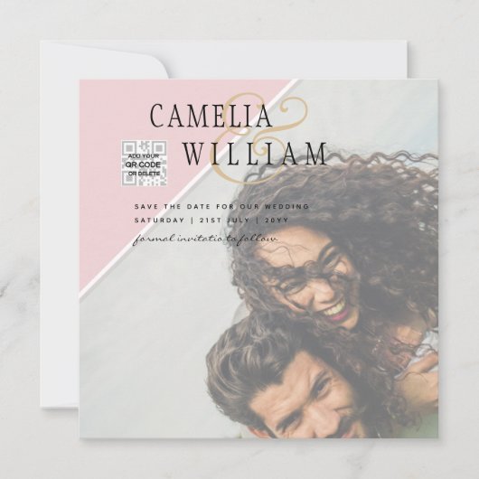 Moderne FOTO Huwelijksuitnodiging QR CODE RSVP Roz (Voorkant)